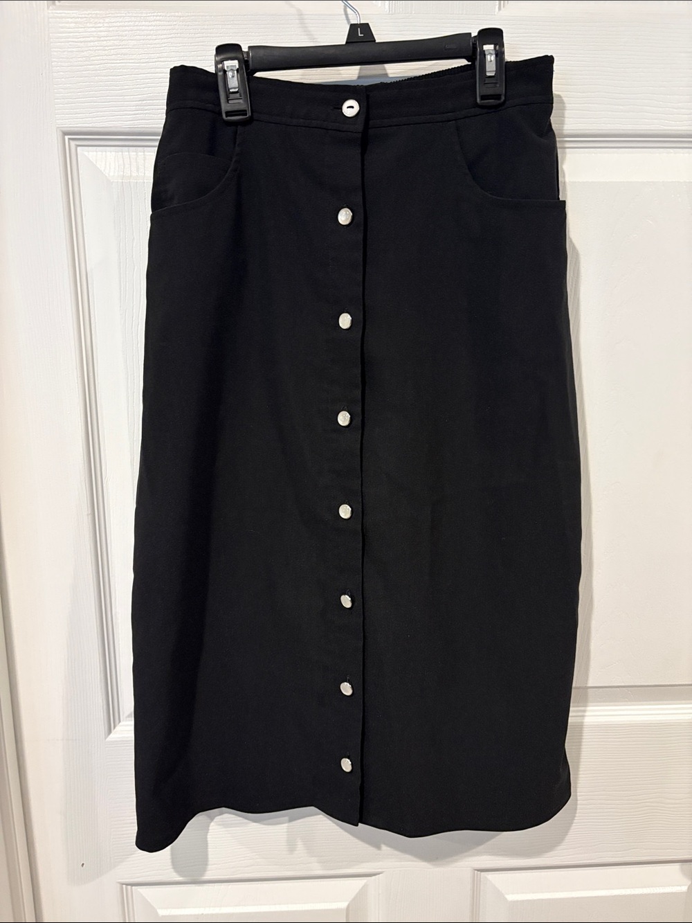 Blair Black Button-Front Midi Skirt with Front Pockets